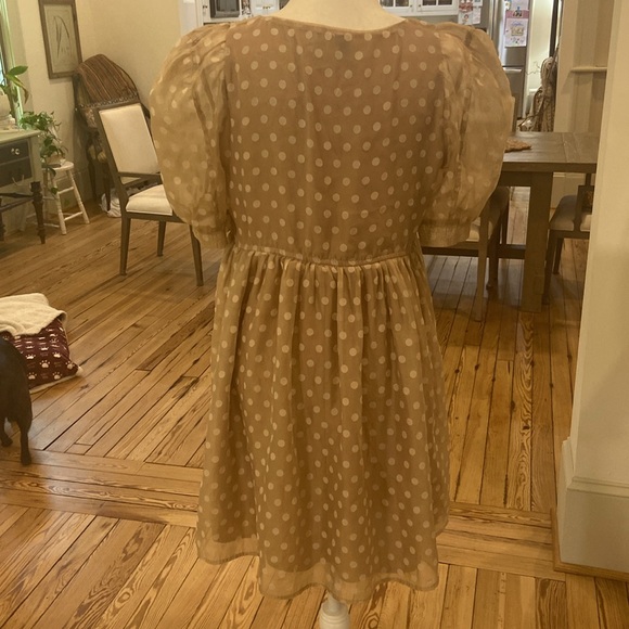 En Saison Meline Poplin Babydoll Dress in taupe with polka dots. Size Large - Picture 7 of 11